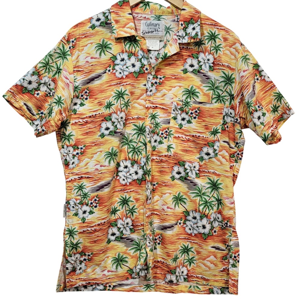 Culinary Classics Mens Hawaiian Shirt Orange Tropical Sunset Palm Tree Cotton 16